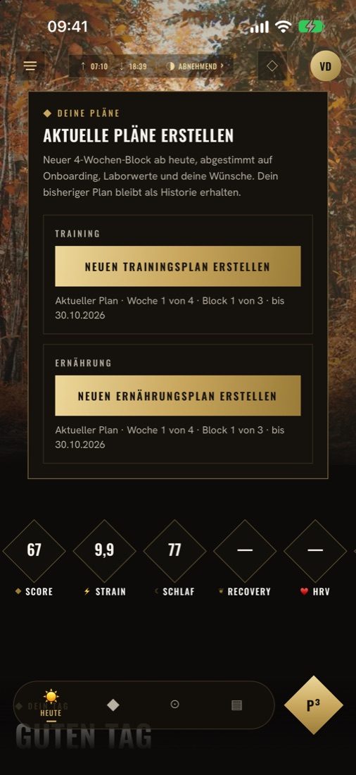 Pressureproof Health auf dem iPhone: Heute-Ansicht mit Plänen und Tageswerten